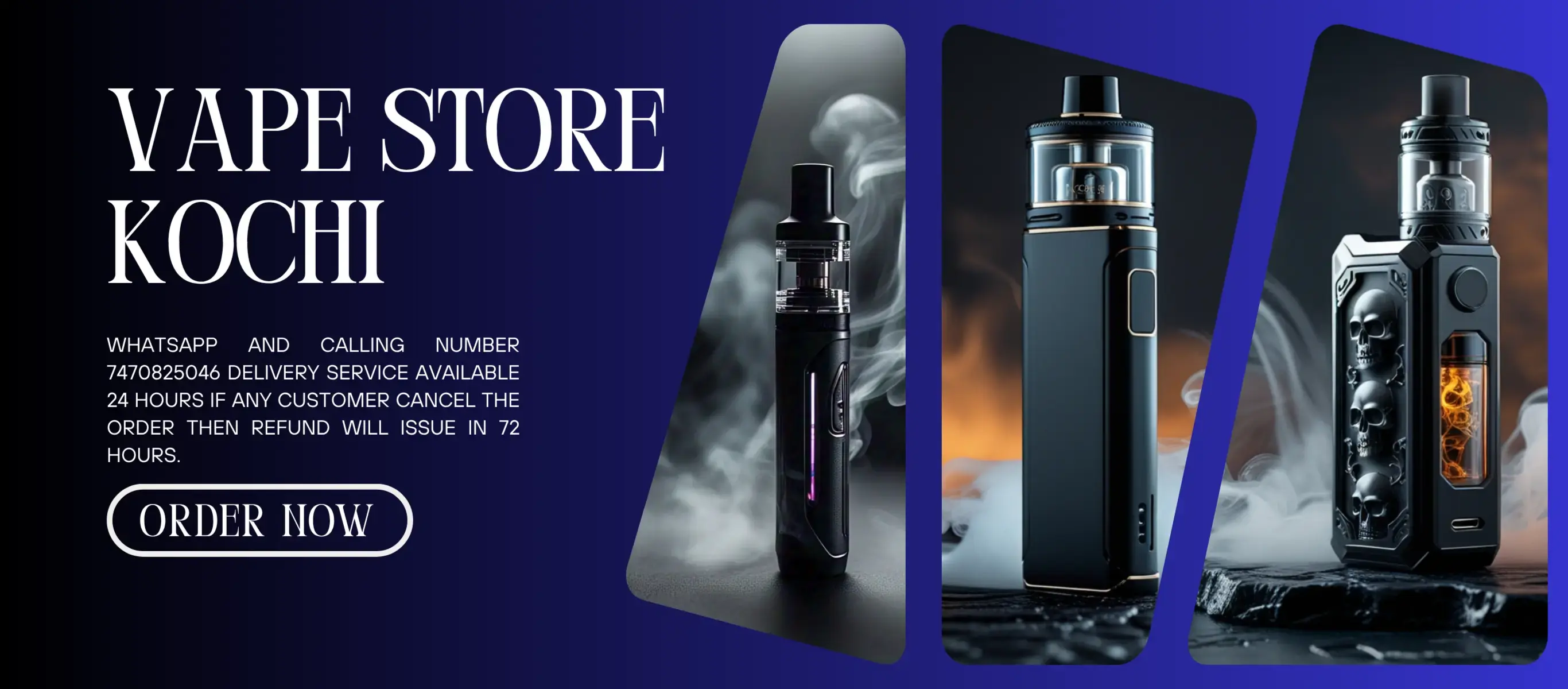 Vape store promotional banner for Kochi featuring three modern vape devices with stylish smoke effects on a dark blue gradient background. Designed to attract local customers searching for premium vap