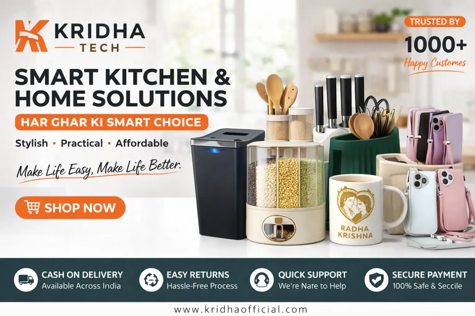 Kridha Tech smart kitchen and home products including grain dispenser, sensor dustbin and accessories