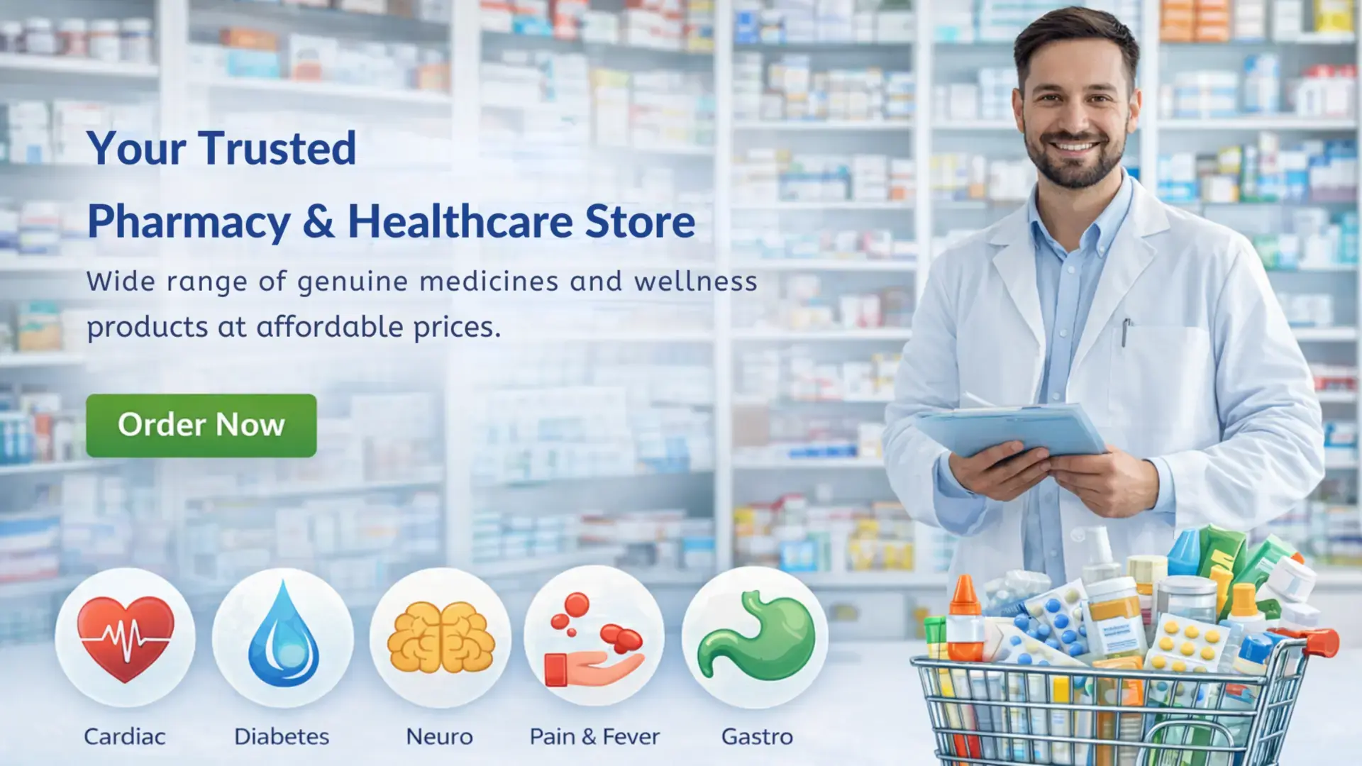 Professional pharmacy with various healthcare products