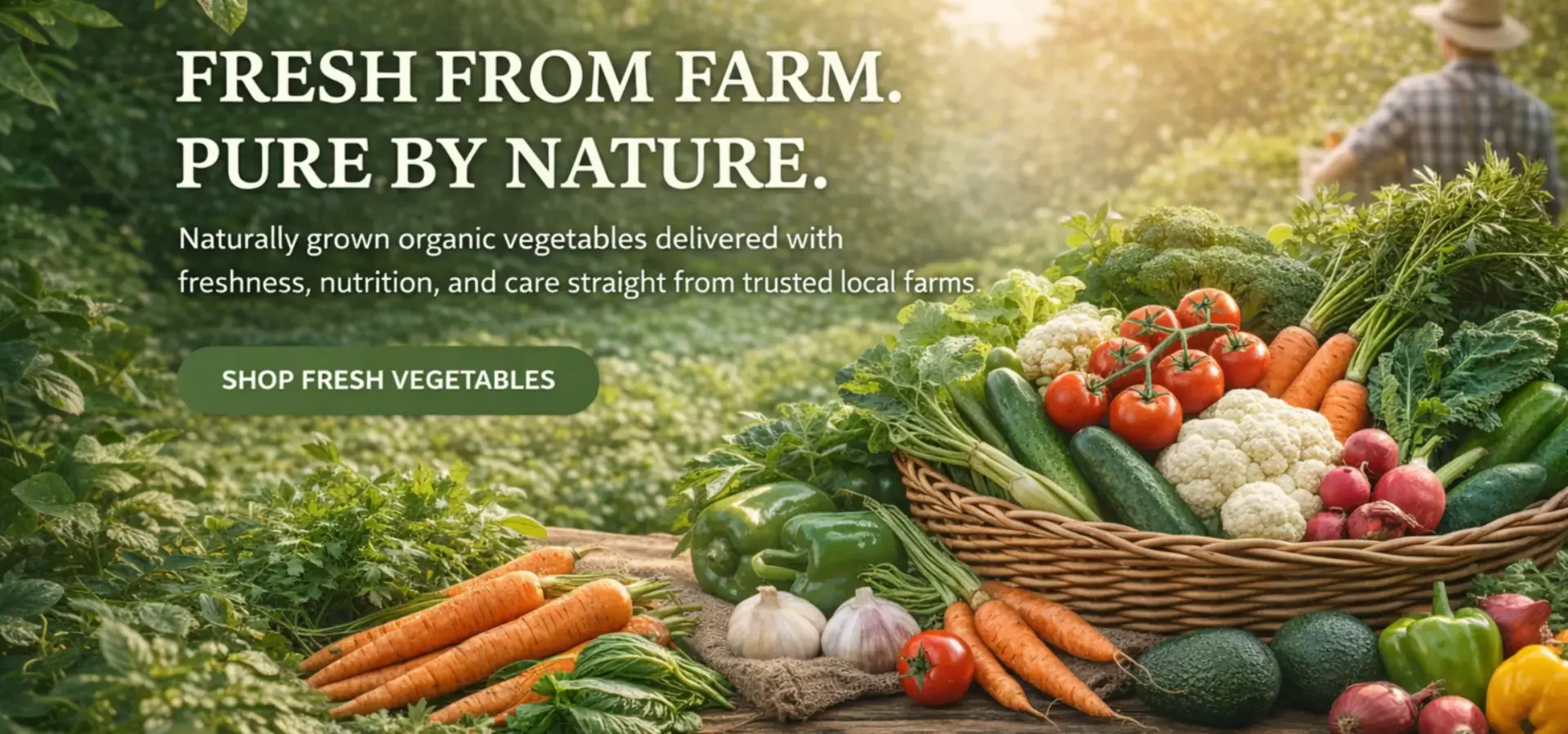 Fresh organic vegetables arranged in a harvest basket