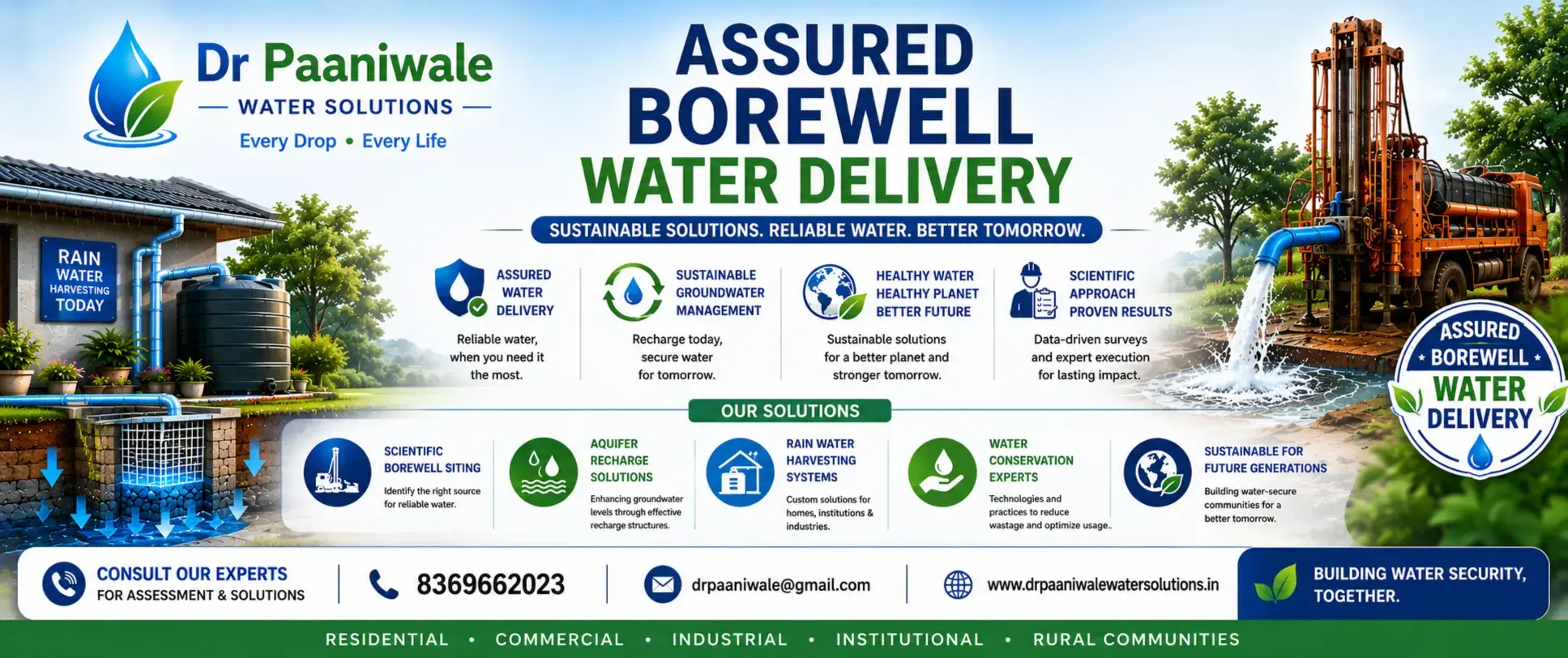 Get assured borewell water delivery with sustainable borewell development, rainwater harvesting, groundwater recharge, and scientific water management solutions by Dr Paaniwale Water Solutions.